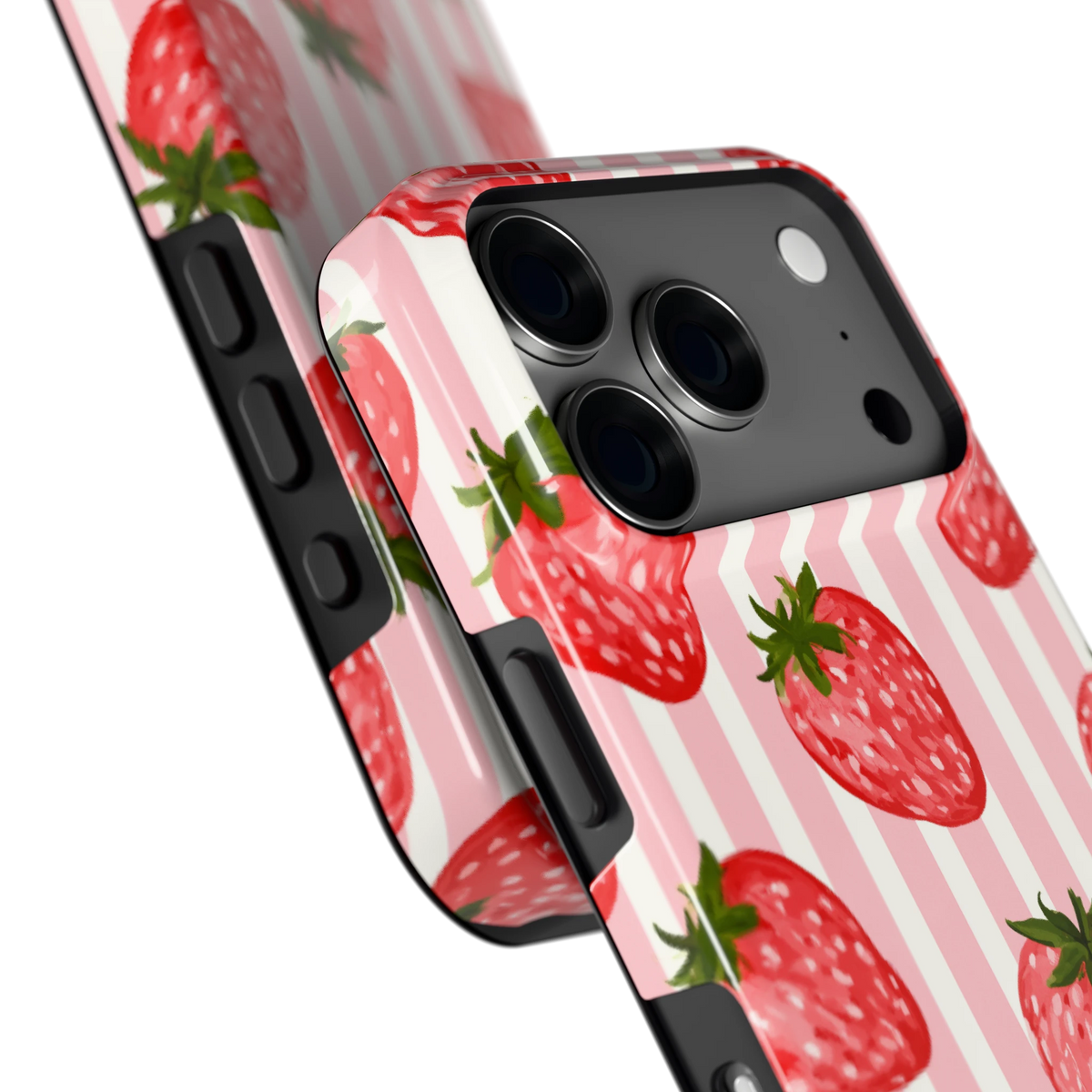 Aardbeienstrepen hoesje voor iPhone 18 Pro, close-up