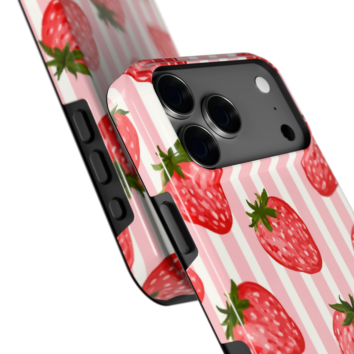 Aardbeienstrepen hoesje voor iPhone 18 Pro Max, close-up
