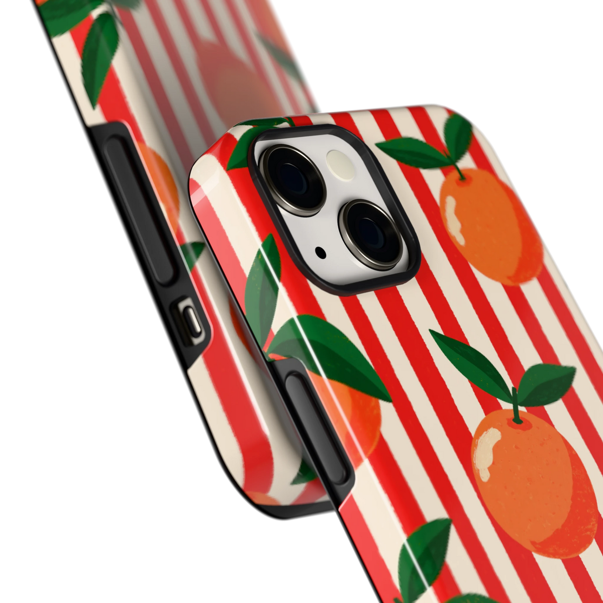 Gestreepte sinaasappels hoesje voor iPhone 13, close-up