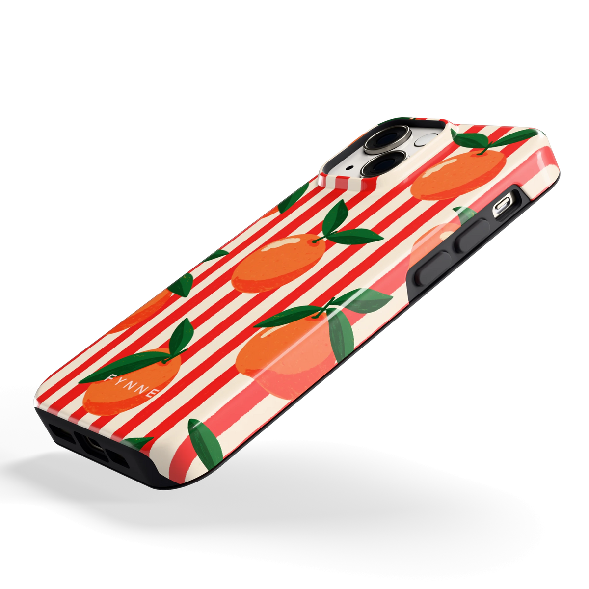 Gestreepte sinaasappels hoesje voor iPhone 13 mini, schuin