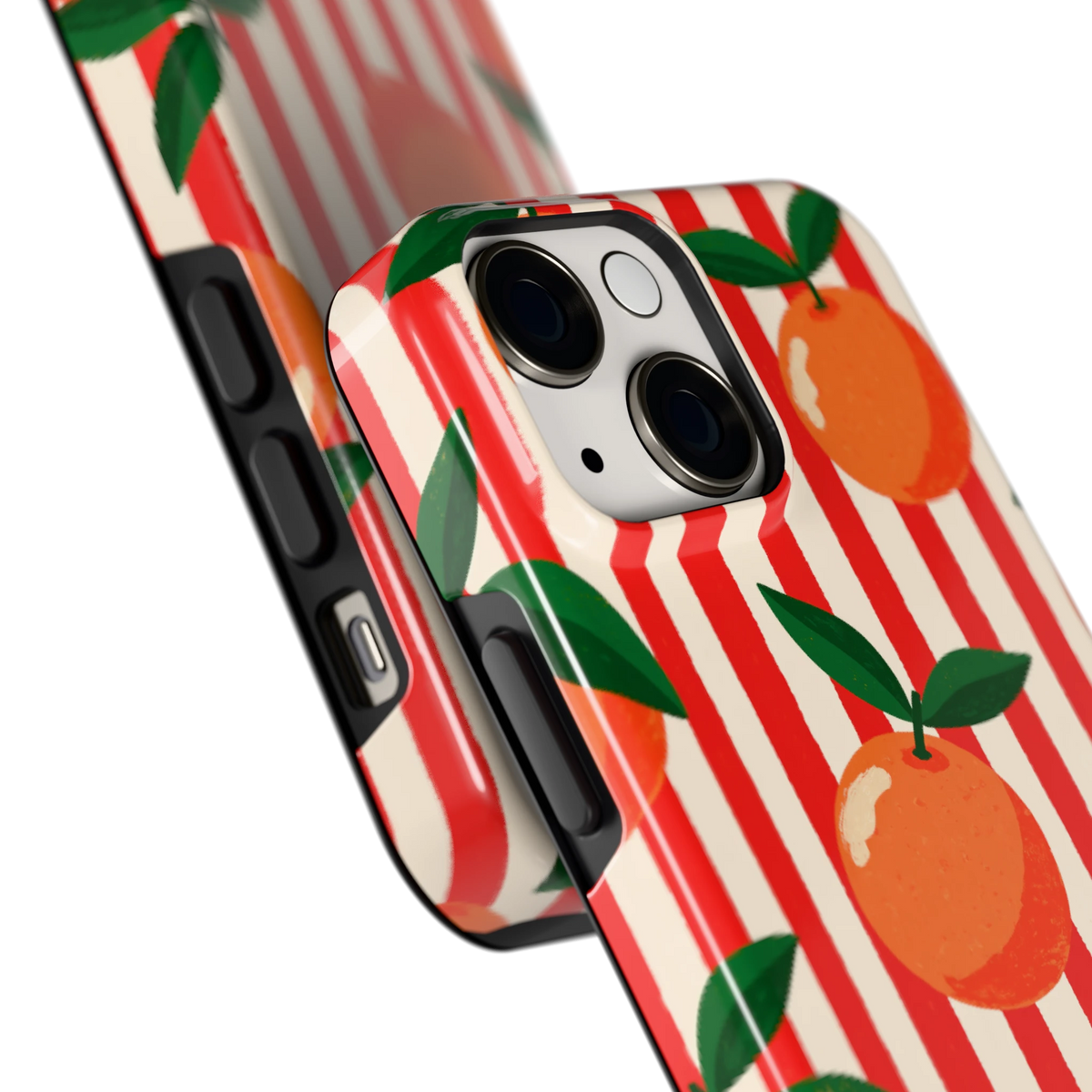 Gestreepte sinaasappels hoesje voor iPhone 13 mini, close-up