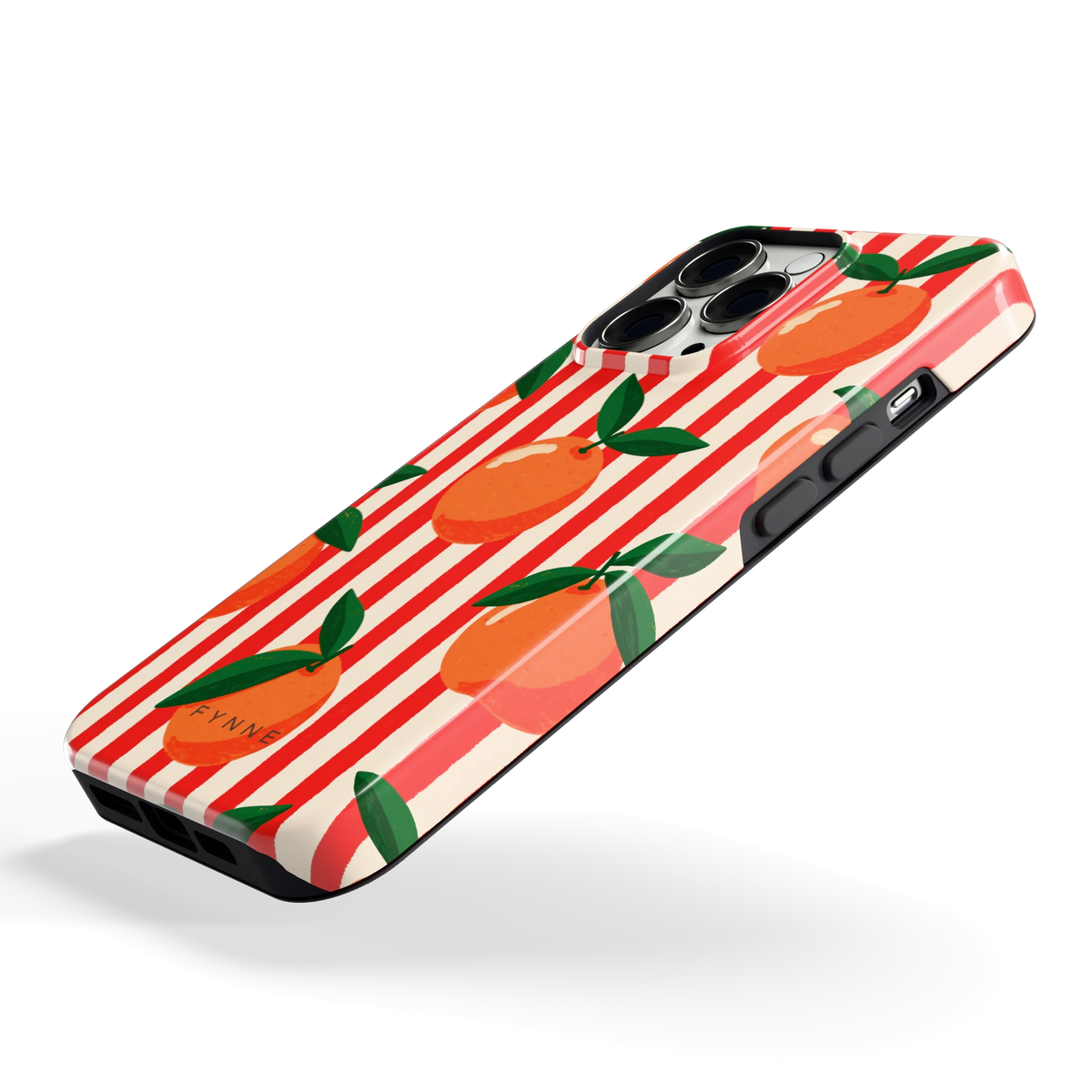 Gestreepte sinaasappels hoesje voor iPhone 13 Pro, schuin