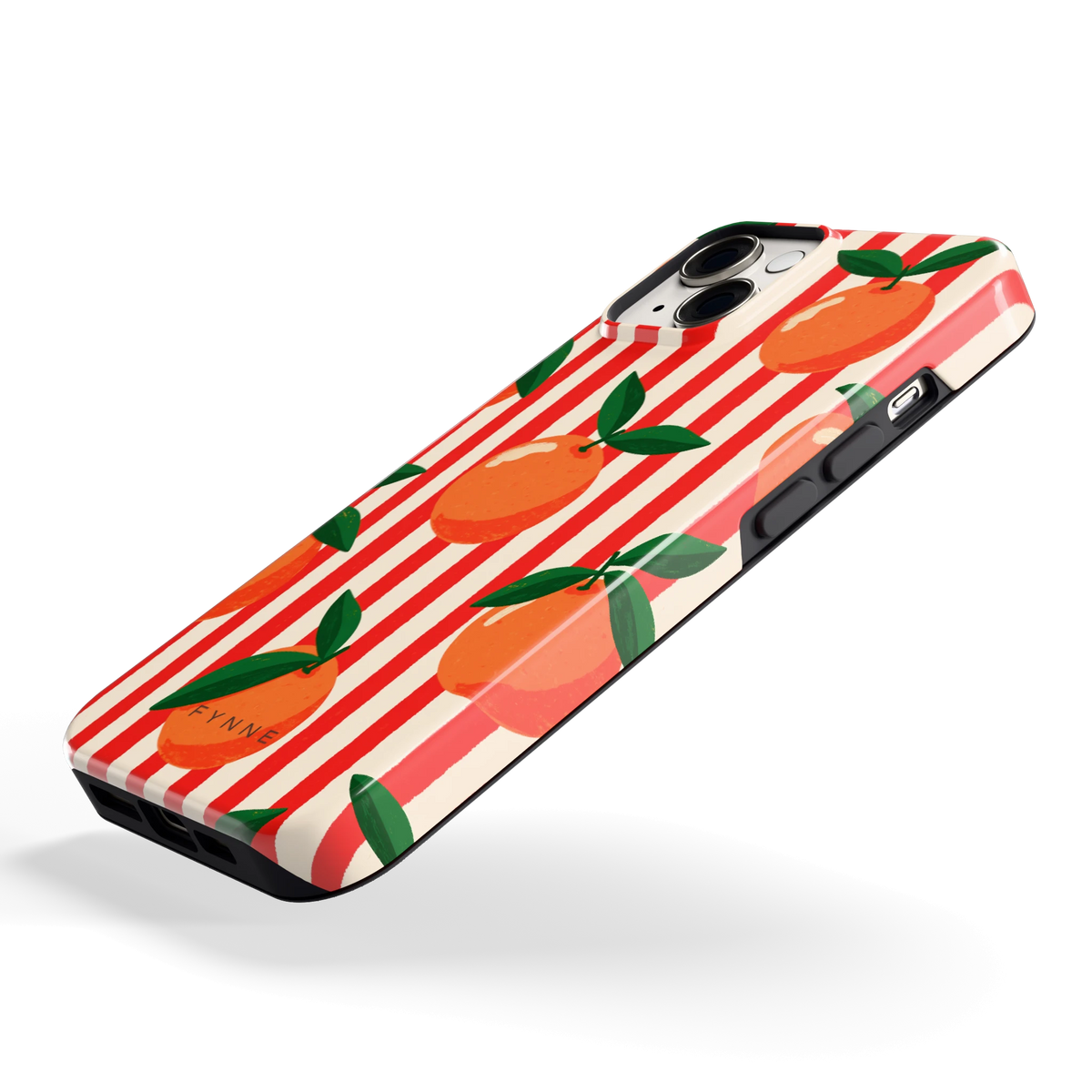 Gestreepte sinaasappels hoesje voor iPhone 14, schuin