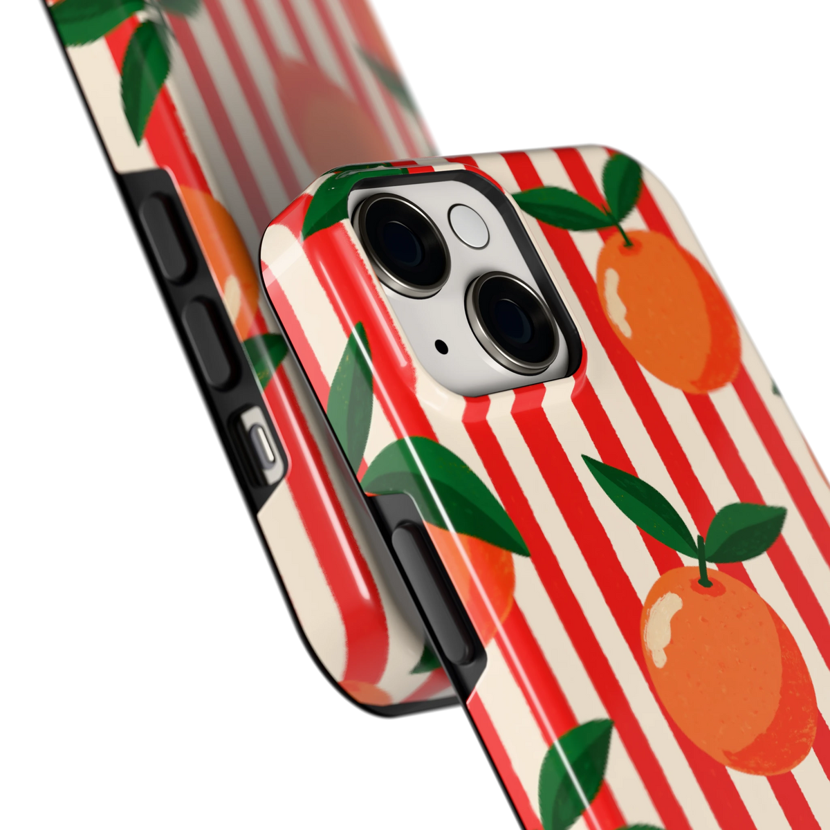 Gestreepte sinaasappels hoesje voor iPhone 14, close-up