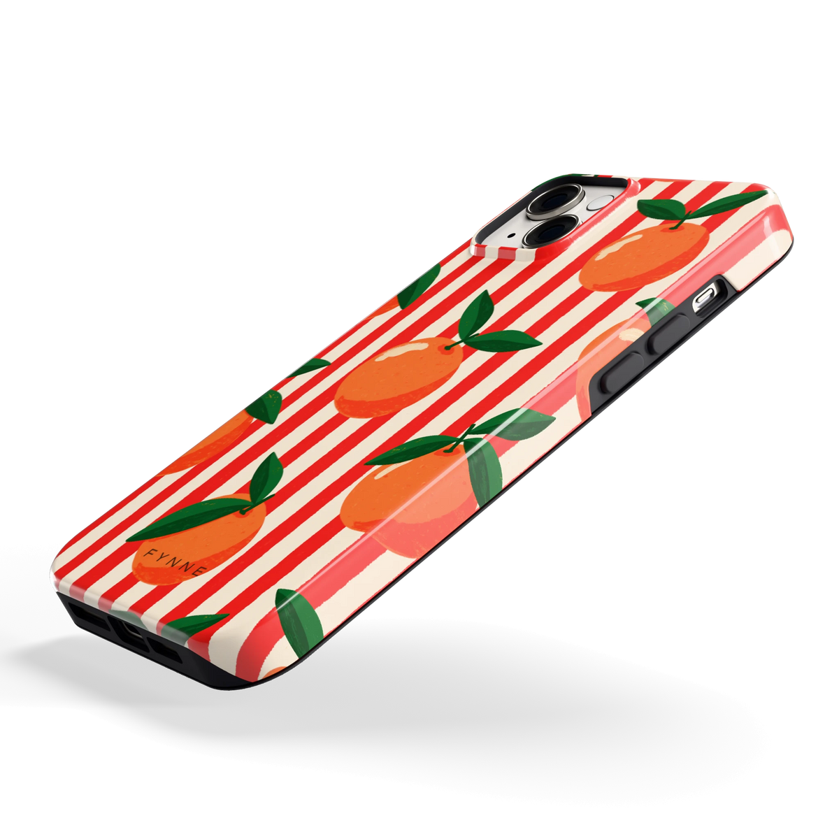Gestreepte sinaasappels hoesje voor iPhone 14 Plus, schuin