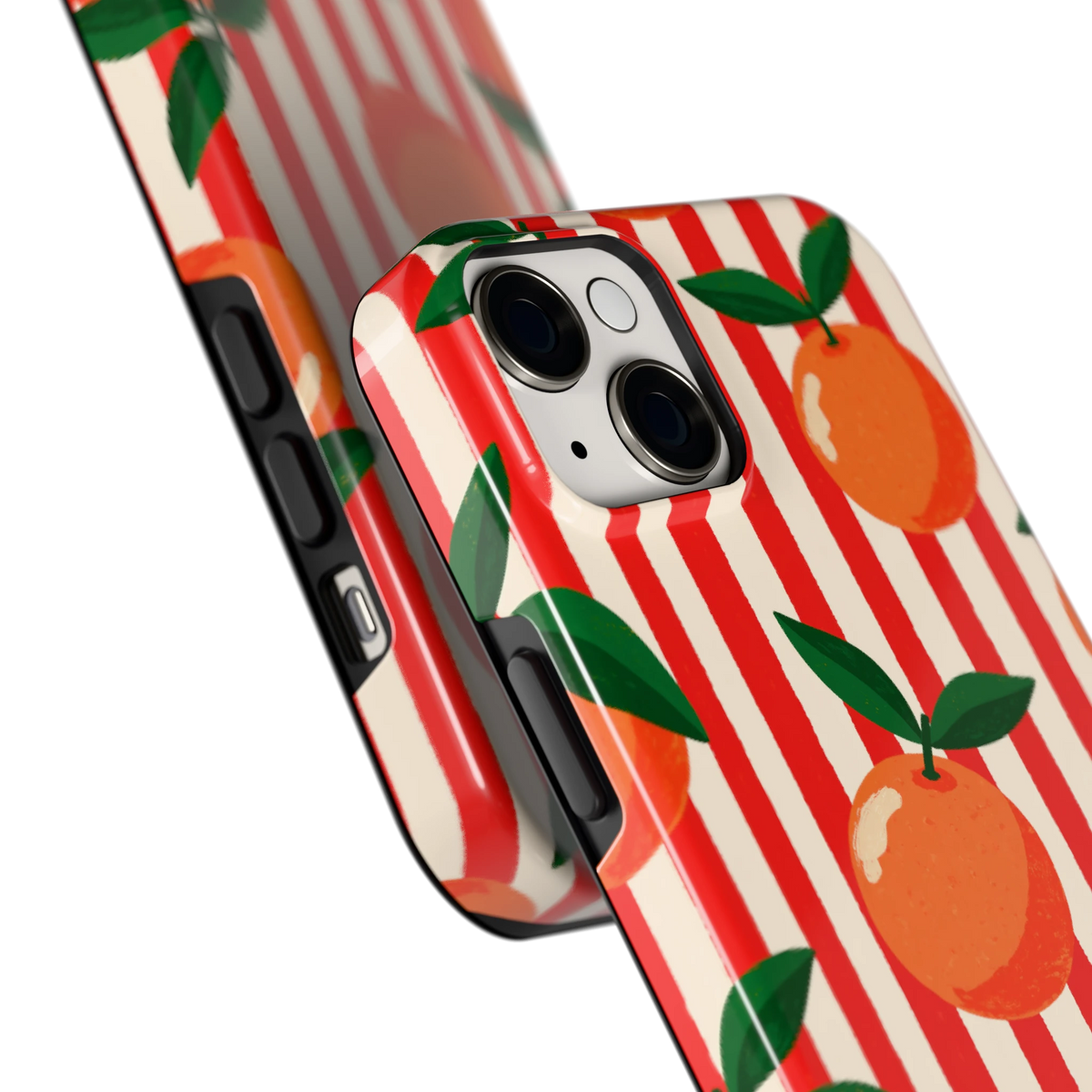 Gestreepte sinaasappels hoesje voor iPhone 14 Plus, close-up
