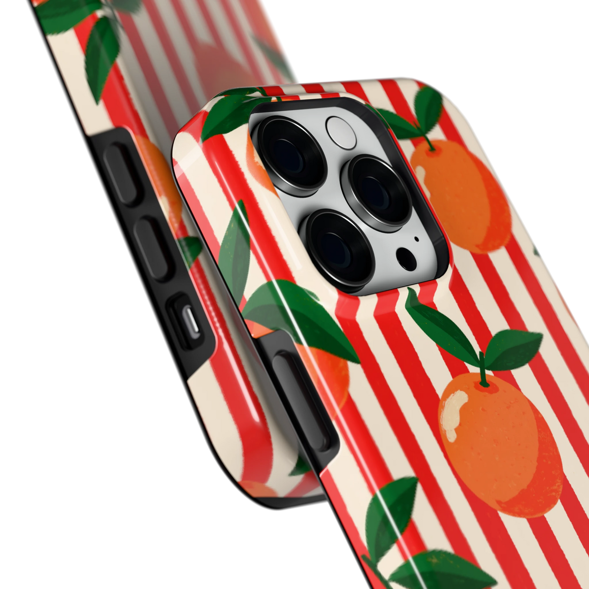 Gestreepte sinaasappels hoesje voor iPhone 14 Pro, close-up