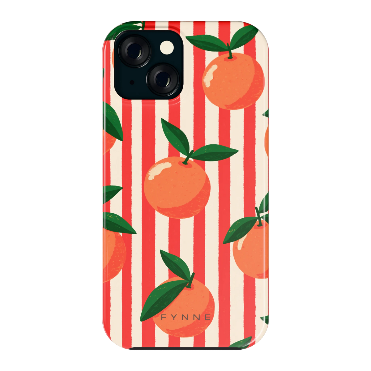 Gestreepte sinaasappels hoesje voor iPhone 15, achterkant