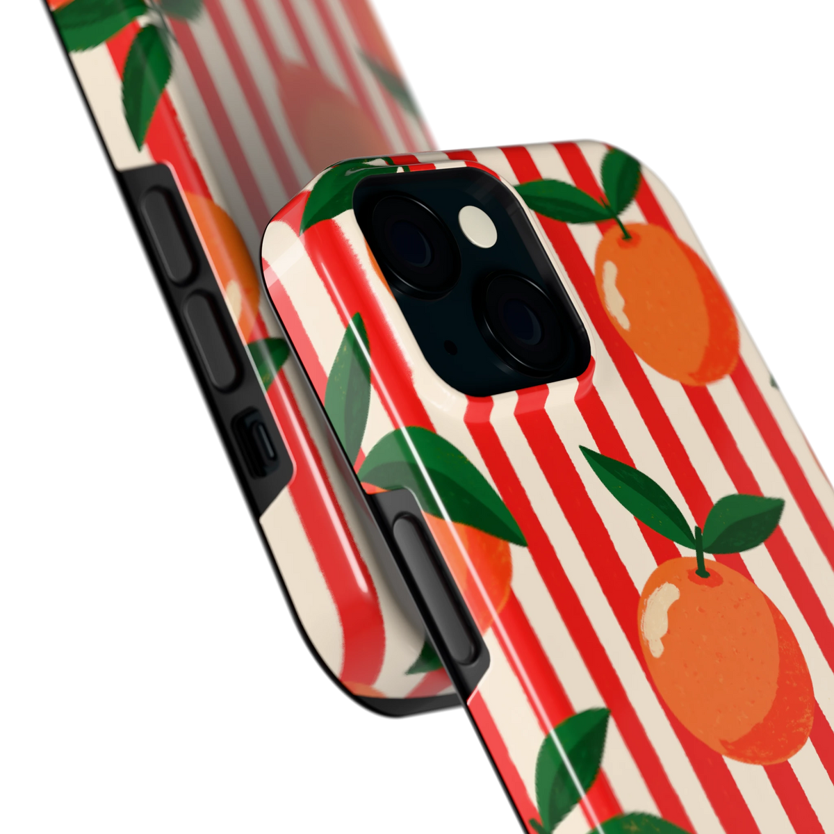 Gestreepte sinaasappels hoesje voor iPhone 15, close-up