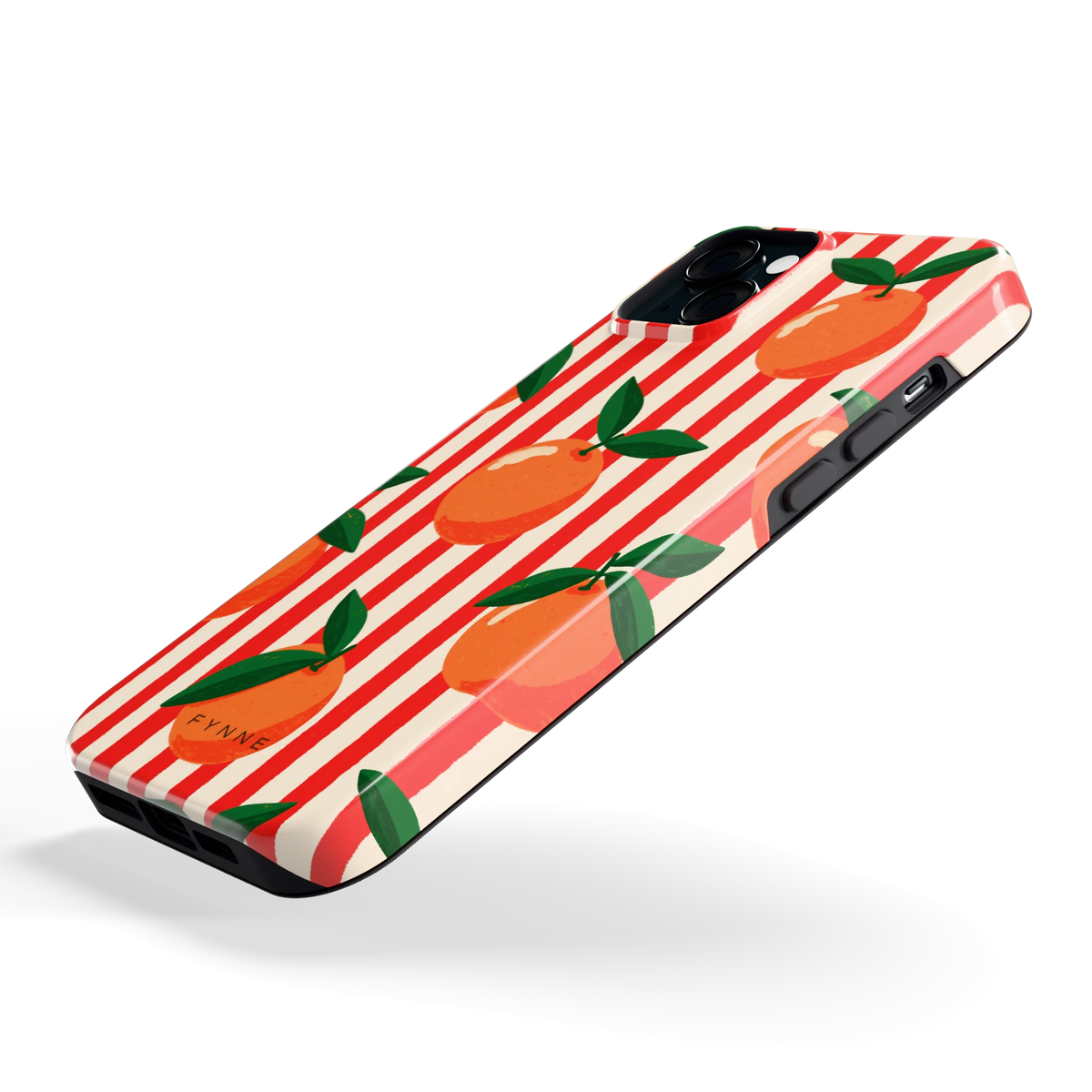 Gestreepte sinaasappels hoesje voor iPhone 15 Plus, schuin
