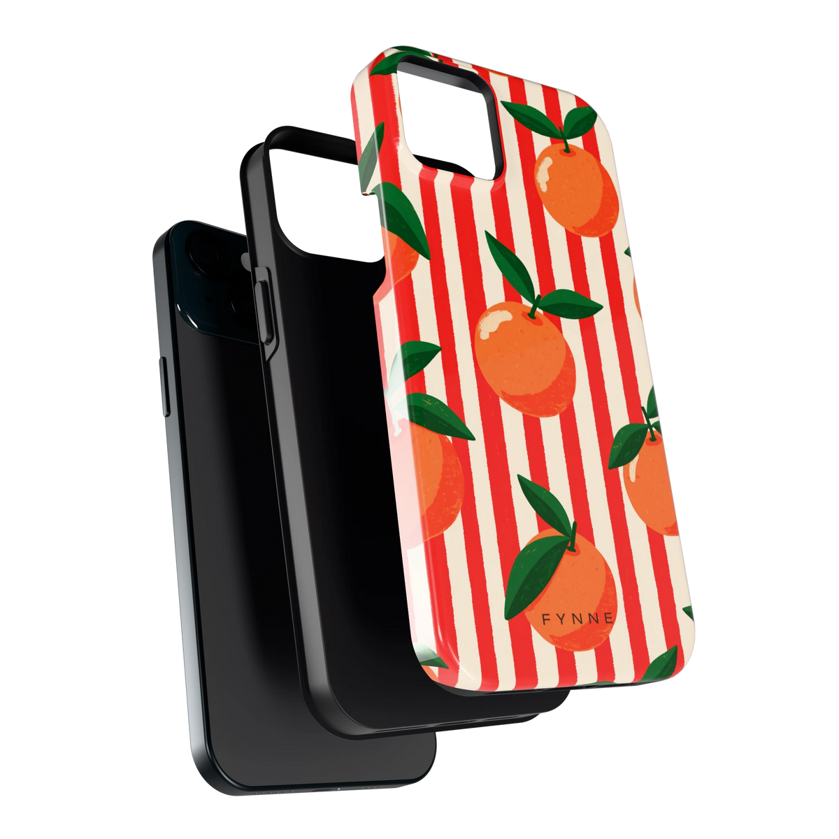 Gestreepte sinaasappels hoesje voor iPhone 15 Plus, los van de telefoon