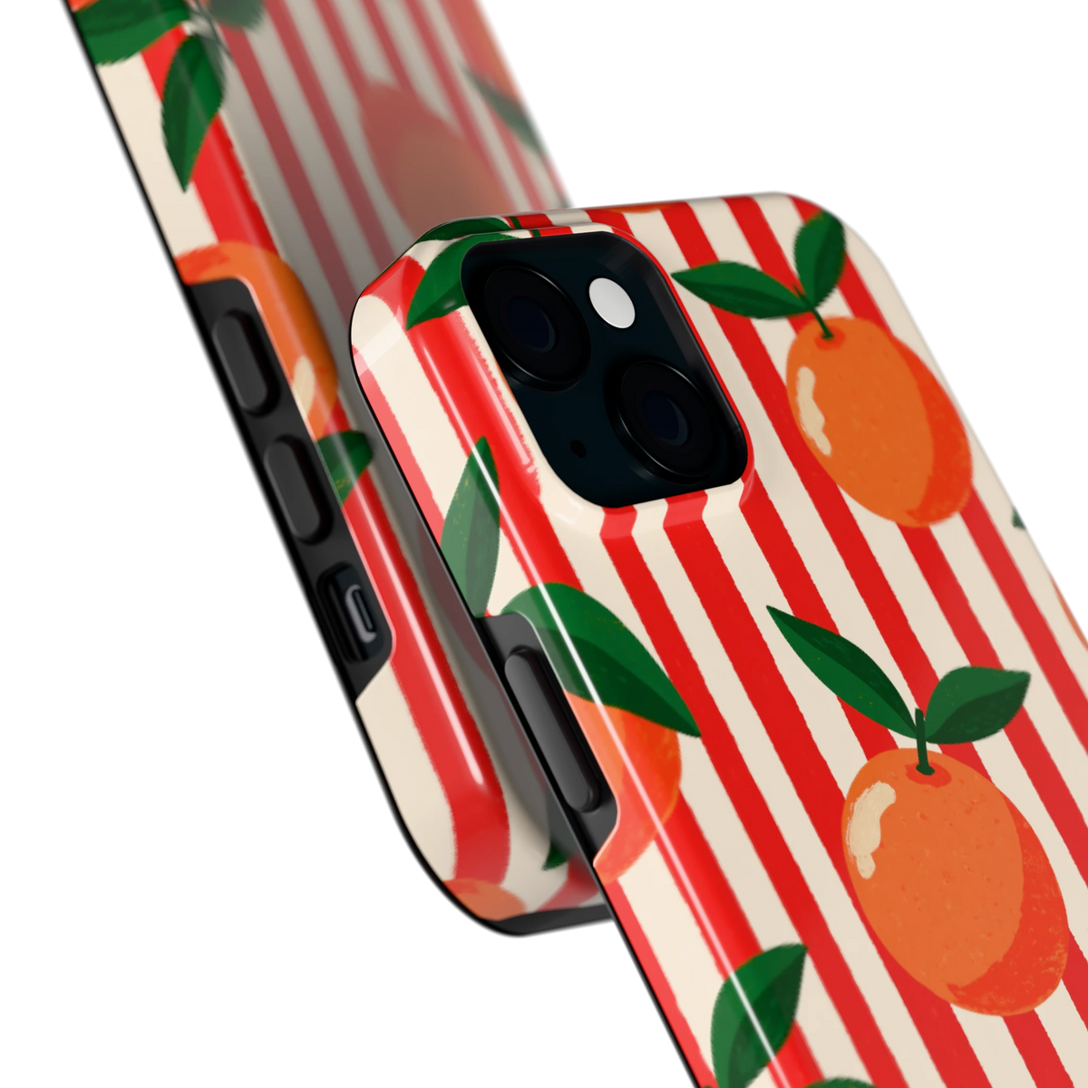 Gestreepte sinaasappels hoesje voor iPhone 15 Plus, close-up