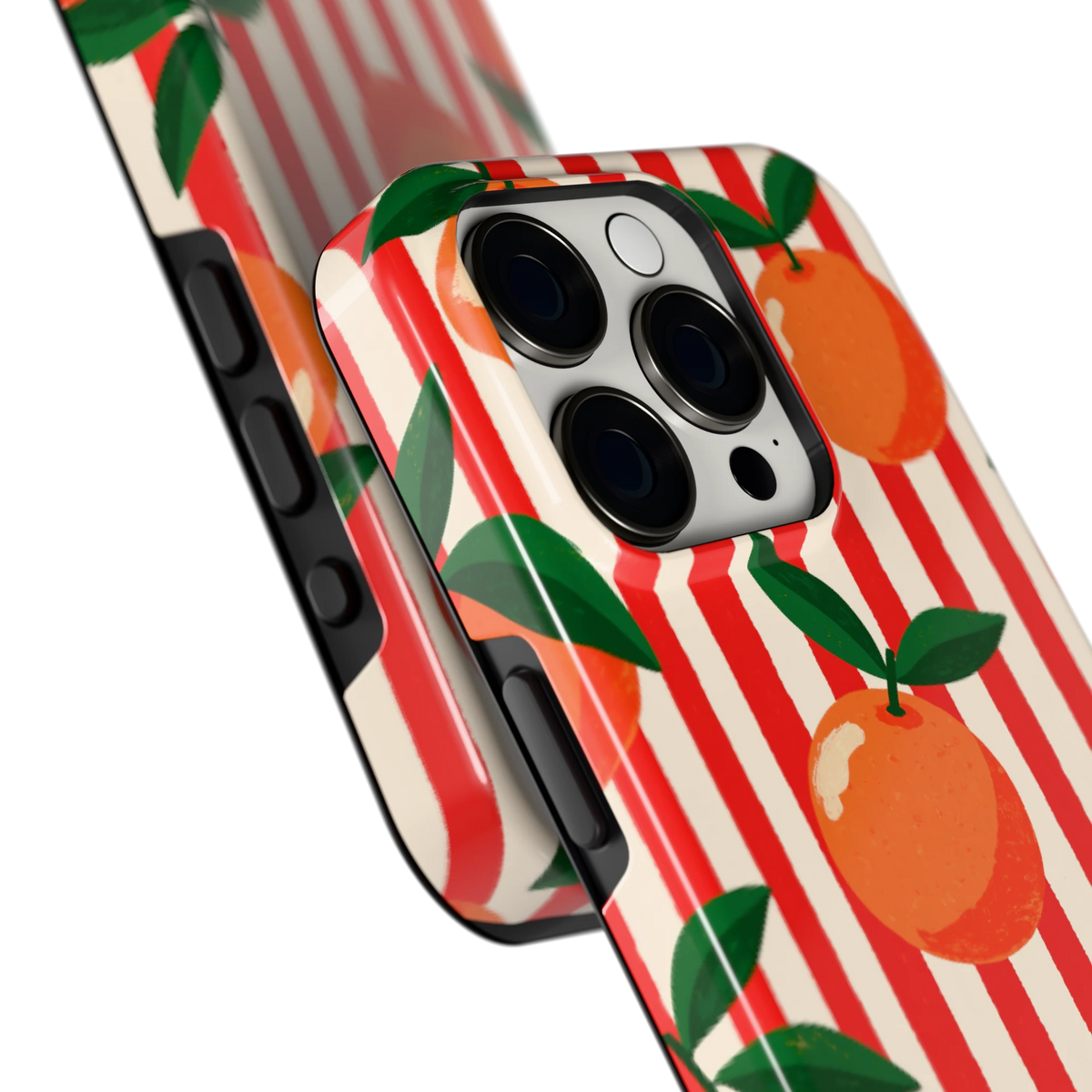 Gestreepte sinaasappels hoesje voor iPhone 15 Pro, close-up
