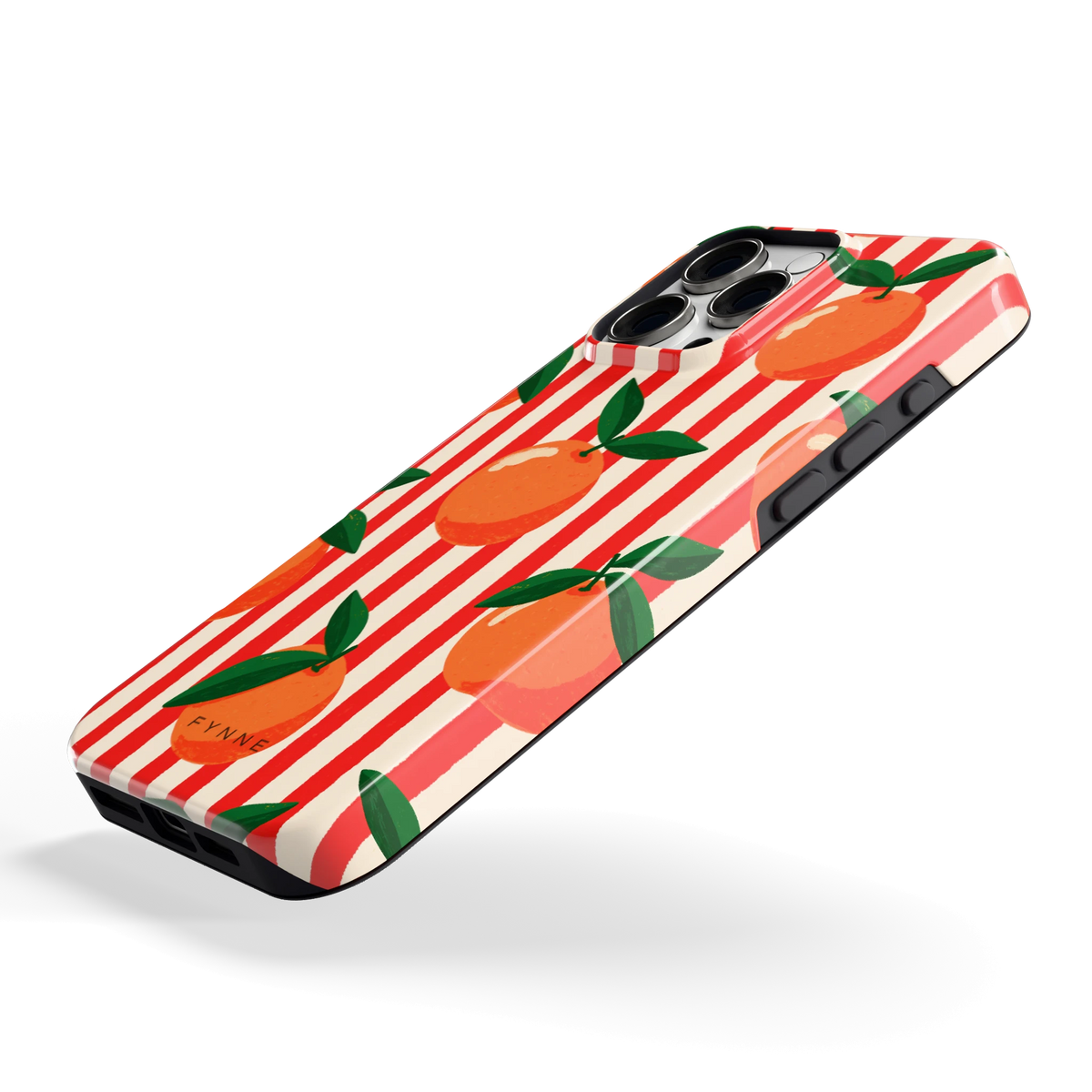 Gestreepte sinaasappels hoesje voor iPhone 16 Pro Max, schuin