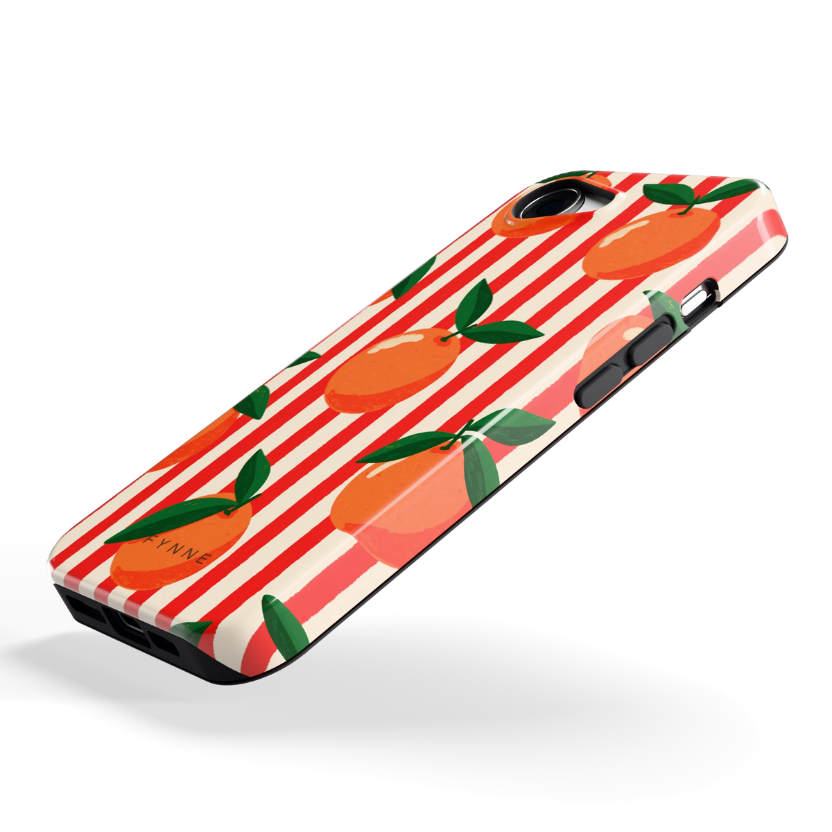 Gestreepte sinaasappels hoesje voor iPhone 16e, schuin