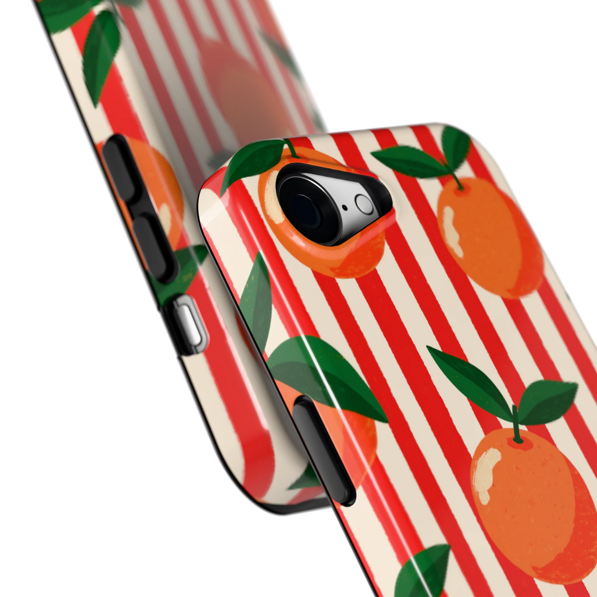Gestreepte sinaasappels hoesje voor iPhone 16e, close-up