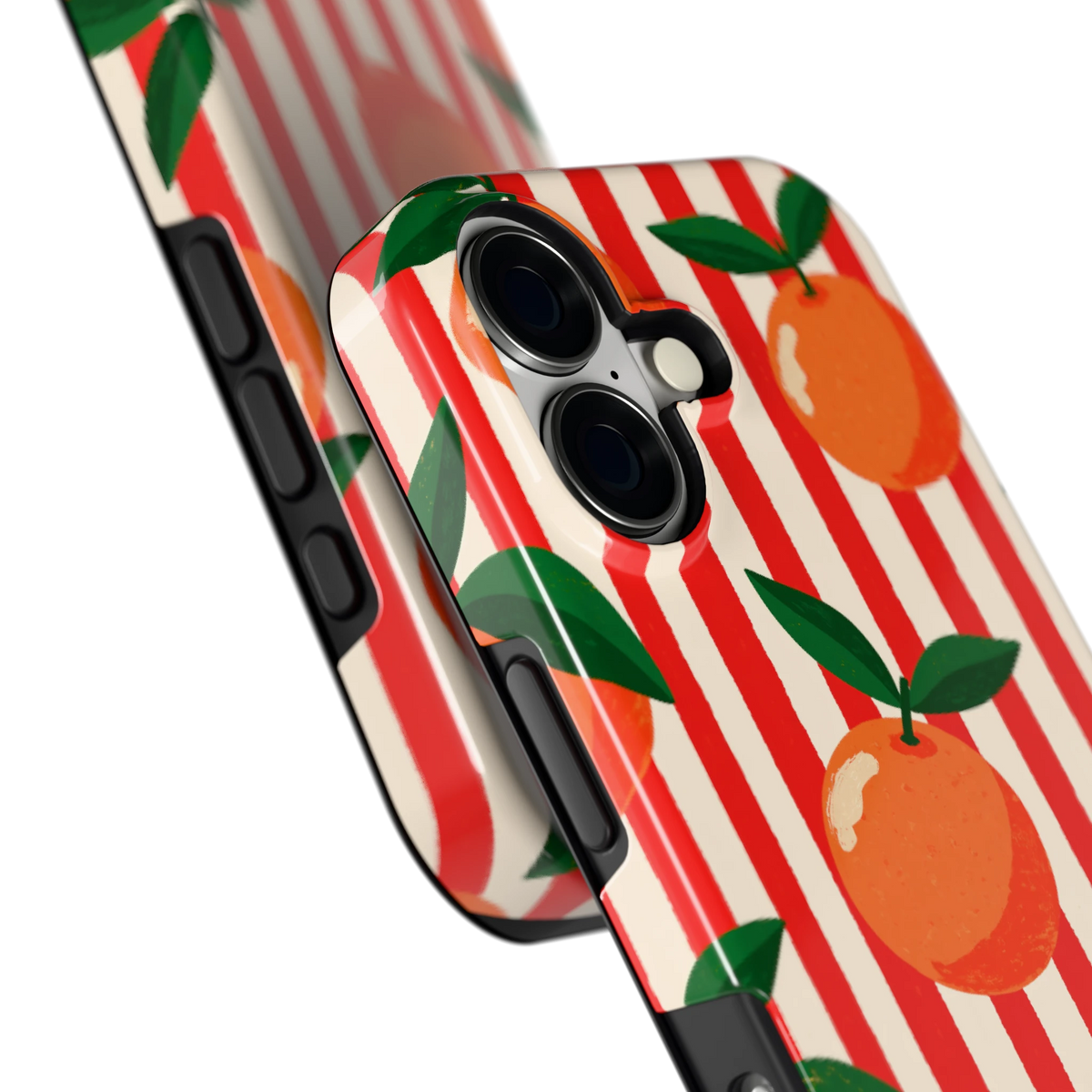 Gestreepte sinaasappels hoesje voor iPhone 17, close-up
