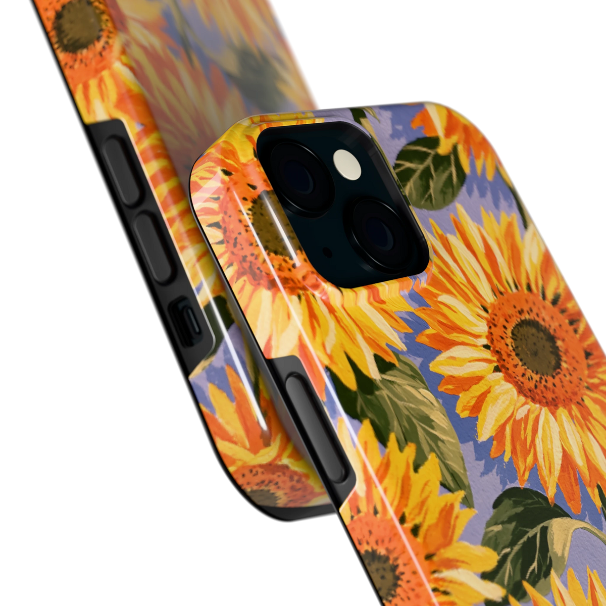 Zonnebloemenveld hoesje voor iPhone 15, close-up
