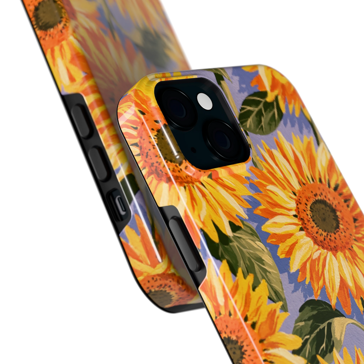 Zonnebloemenveld hoesje voor iPhone 15 Plus, close-up