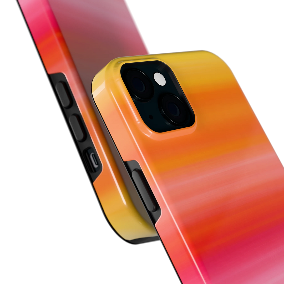 Zonsonderganggloed hoesje voor iPhone 15 Plus, close-up