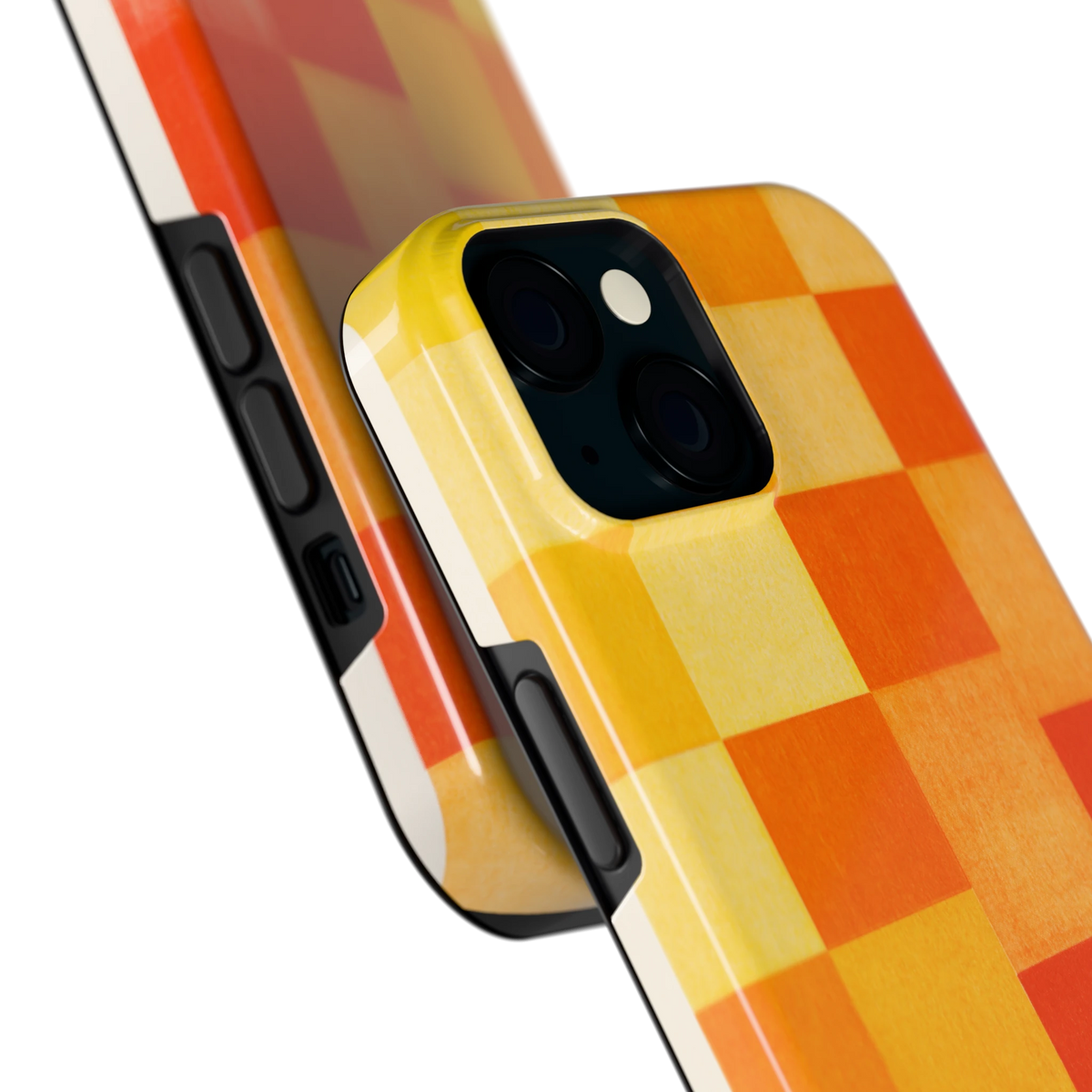 Zonnige Vierkanten hoesje voor iPhone 15, close-up