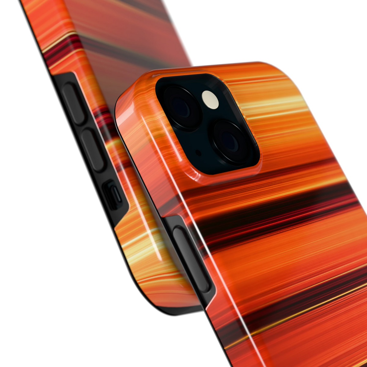 Zonsondergangstrepen hoesje voor iPhone 15, close-up