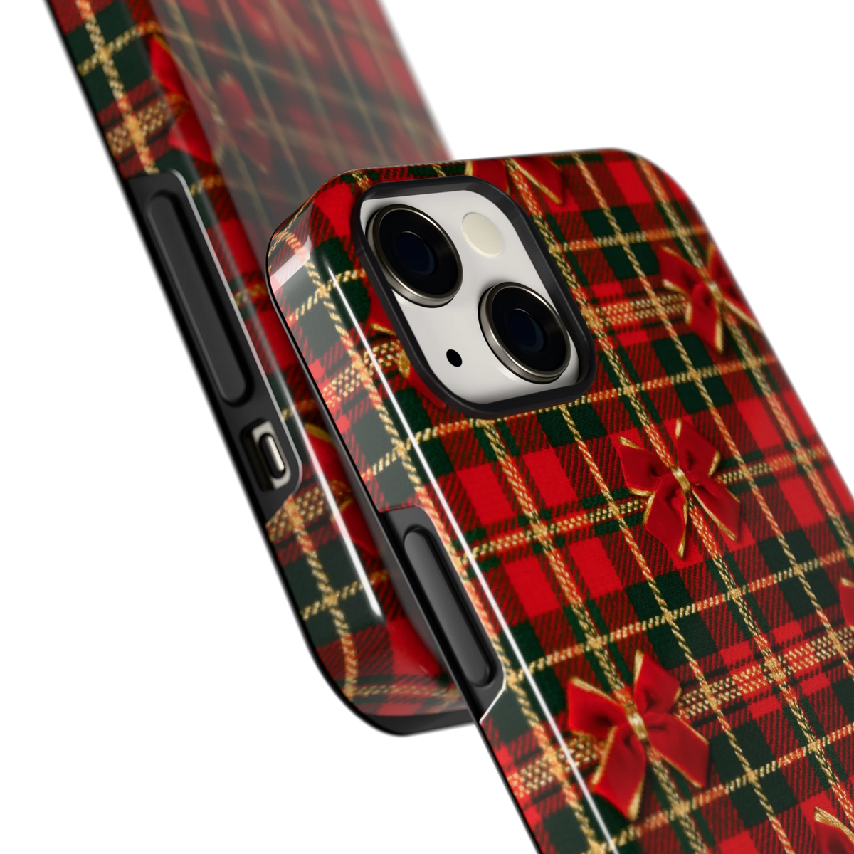 Tartan strikjes hoesje voor iPhone 13, close-up