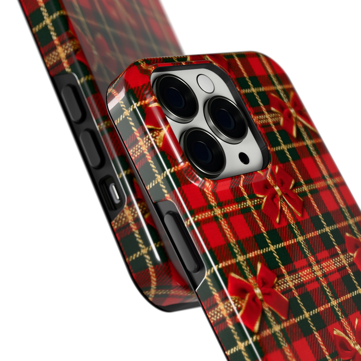 Tartan strikjes hoesje voor iPhone 13 Pro, close-up