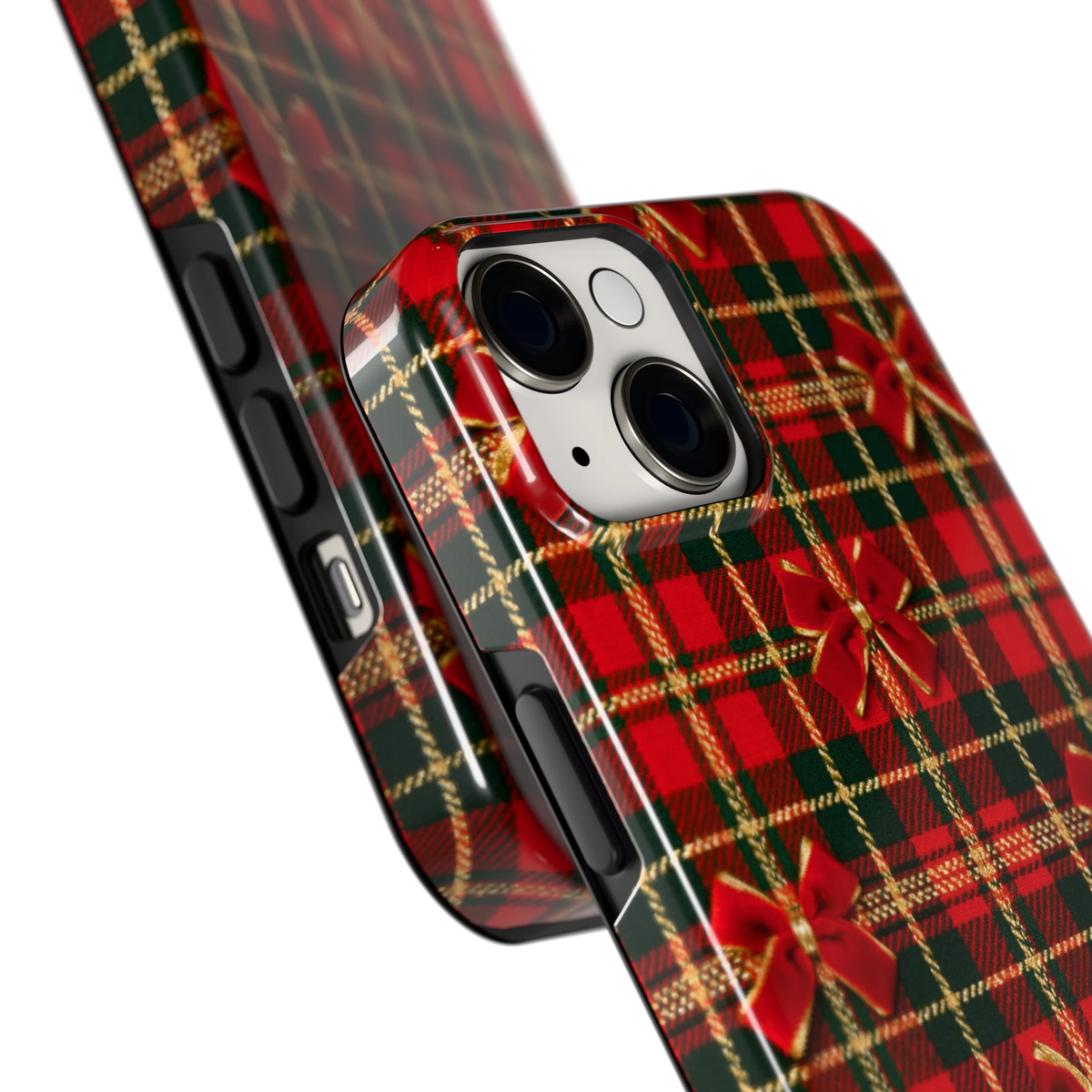 Tartan strikjes hoesje voor iPhone 14, close-up