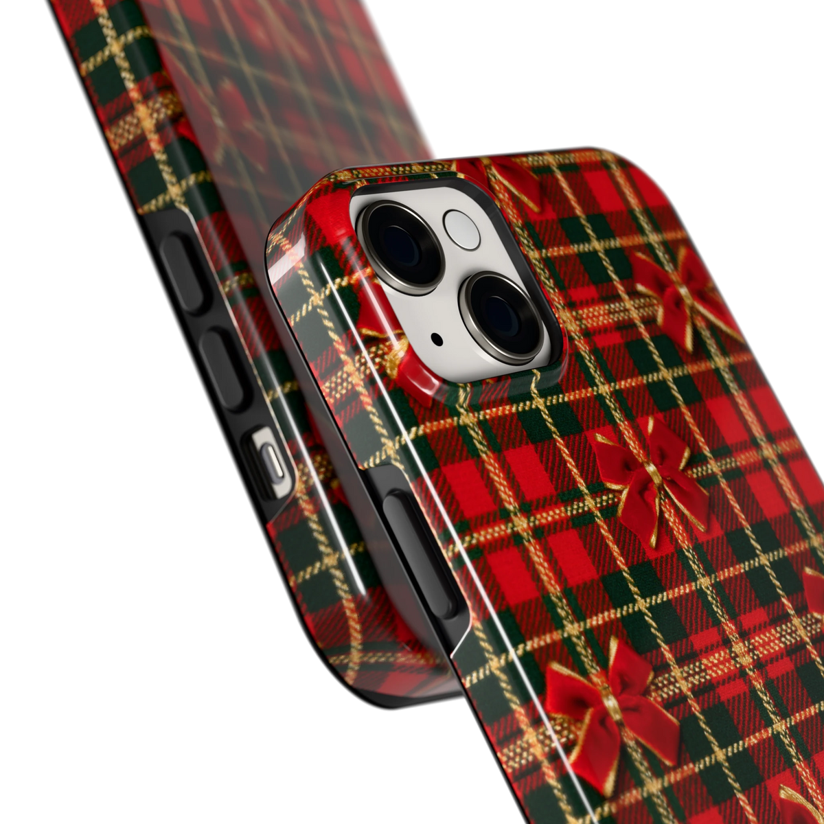 Tartan strikjes hoesje voor iPhone 14 Plus, close-up