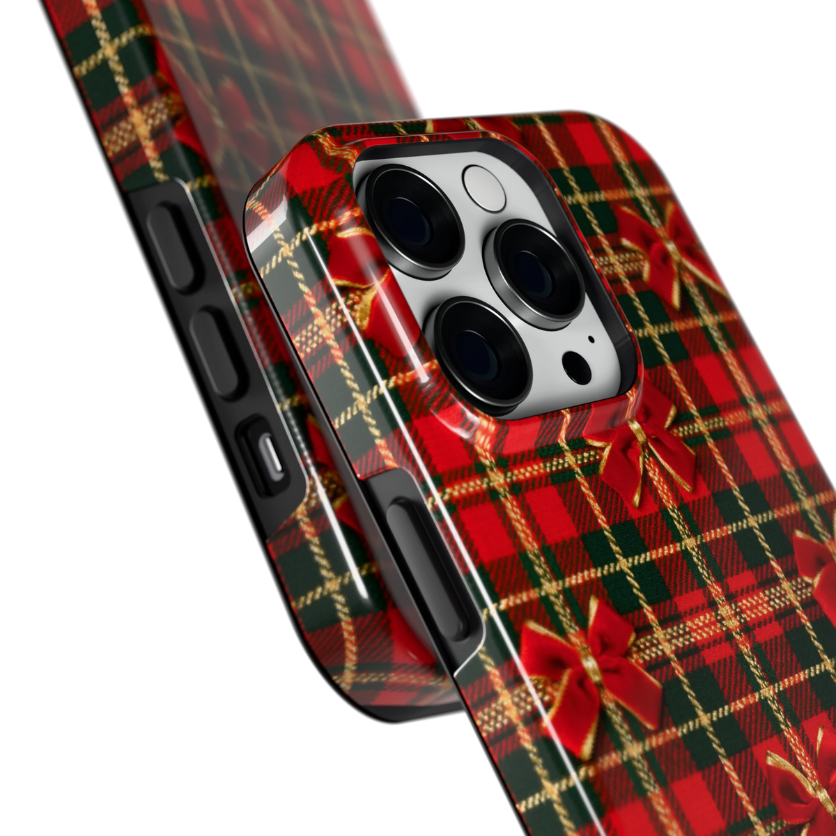 Tartan strikjes hoesje voor iPhone 14 Pro, close-up