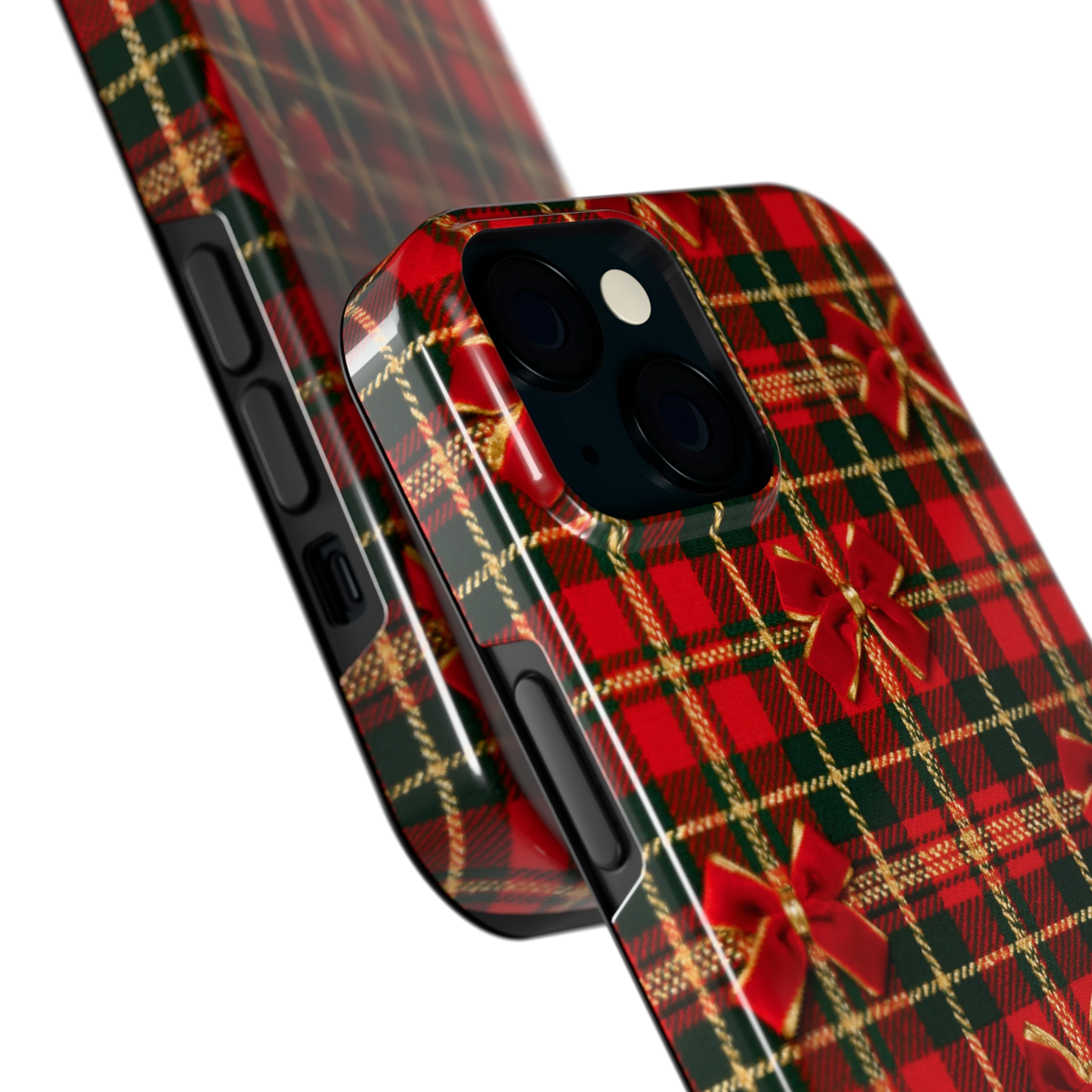 Tartan strikjes hoesje voor iPhone 15, close-up
