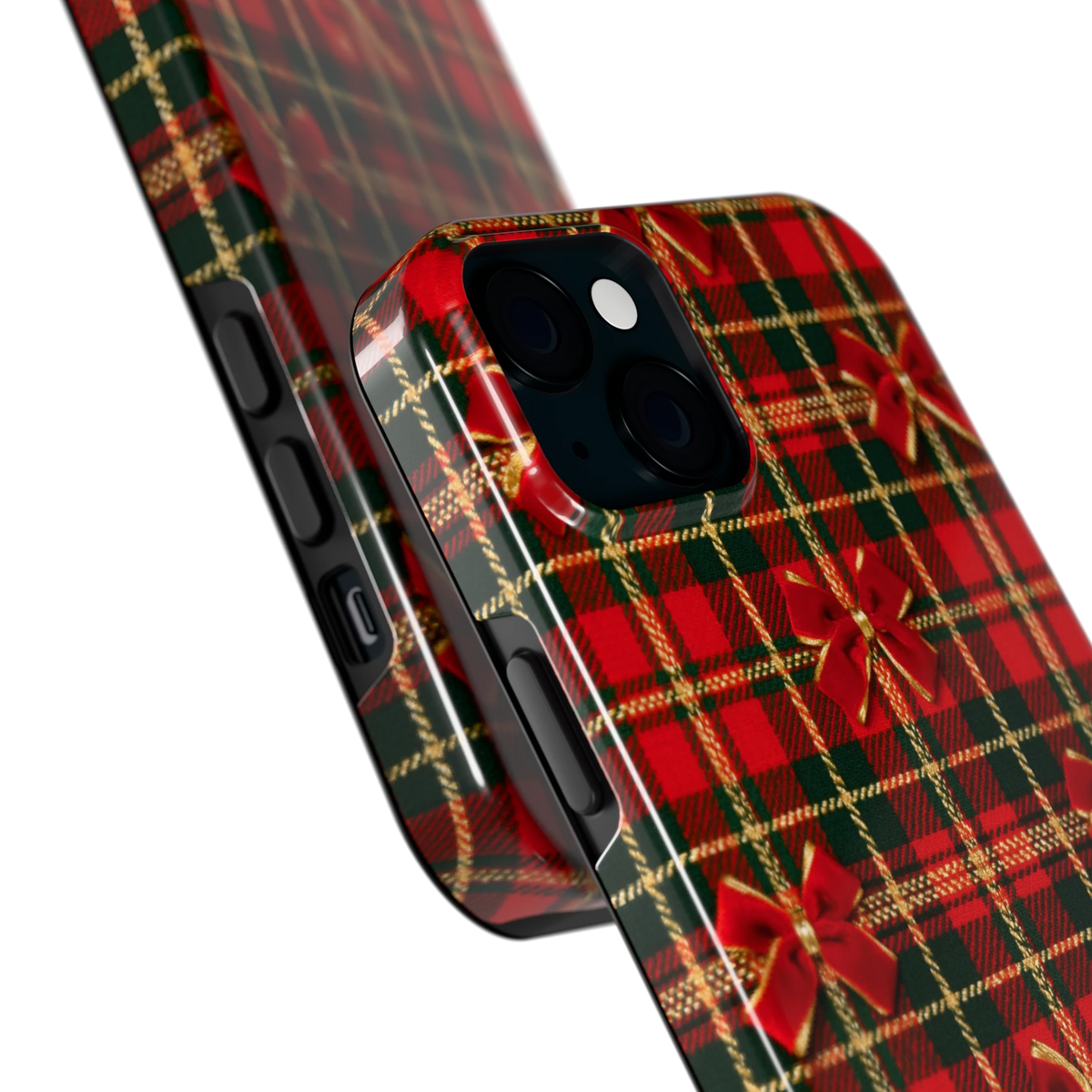 Tartan strikjes hoesje voor iPhone 15 Plus, close-up