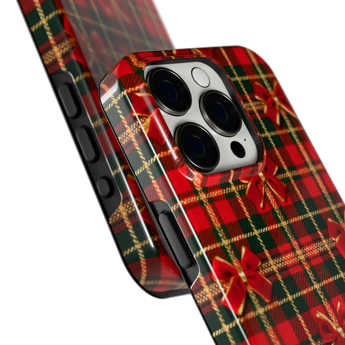Tartan strikjes hoesje voor iPhone 15 Pro, close-up