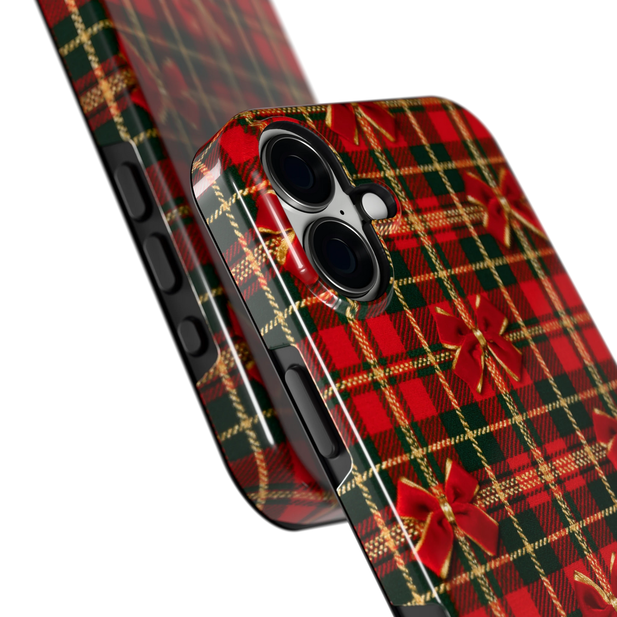Tartan strikjes hoesje voor iPhone 16 Plus, close-up