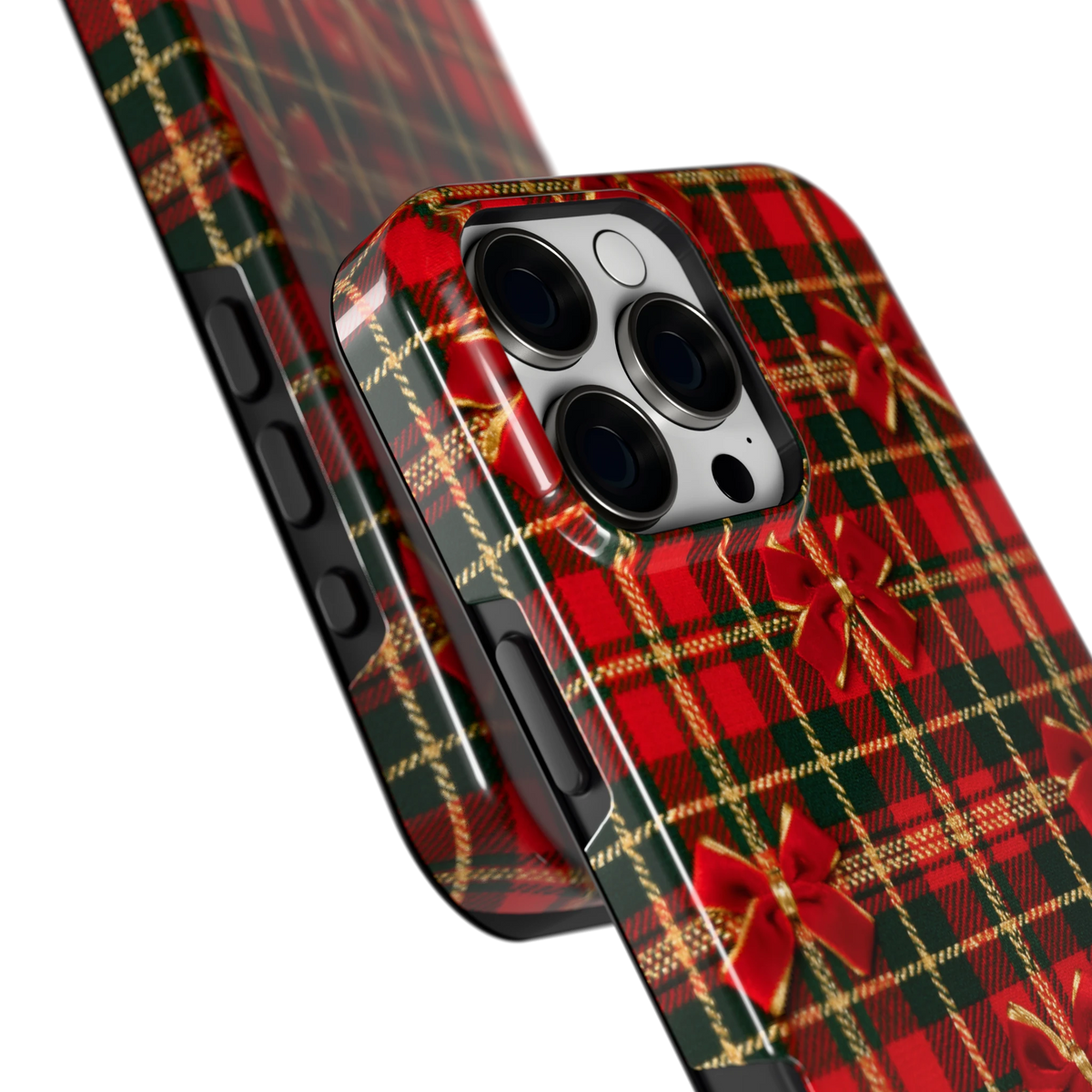 Tartan strikjes hoesje voor iPhone 16 Pro Max, close-up