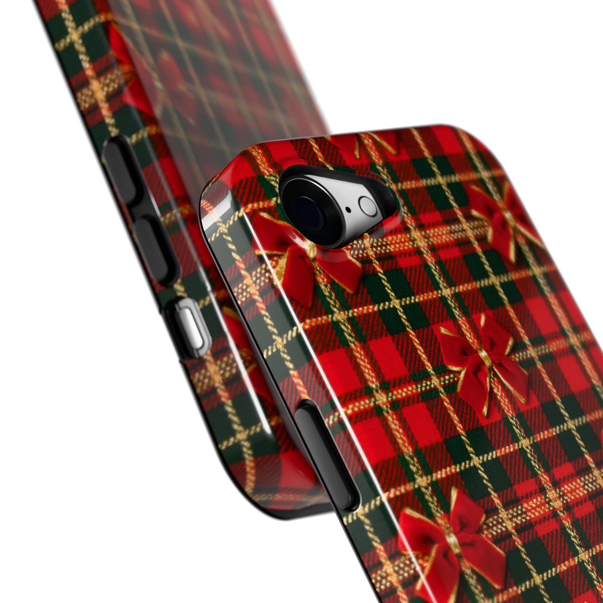 Tartan strikjes hoesje voor iPhone 16e, close-up