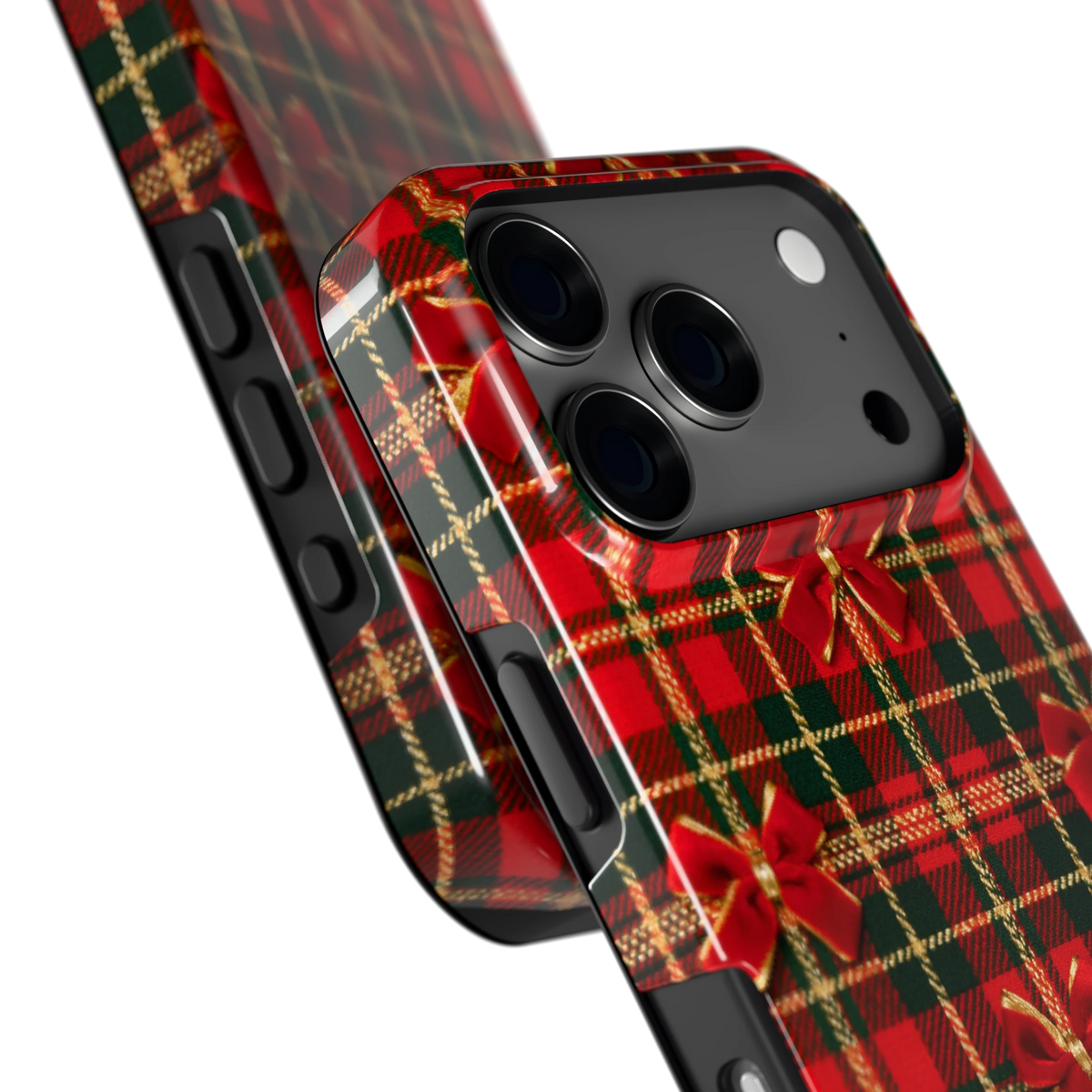 Tartan strikjes hoesje voor iPhone 17 Pro, close-up