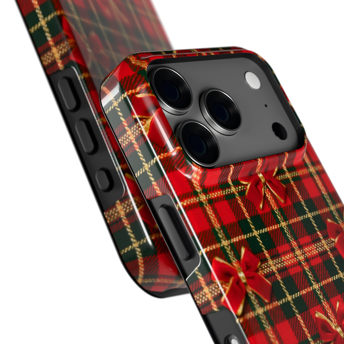 Tartan strikjes hoesje voor iPhone 18 Pro, close-up