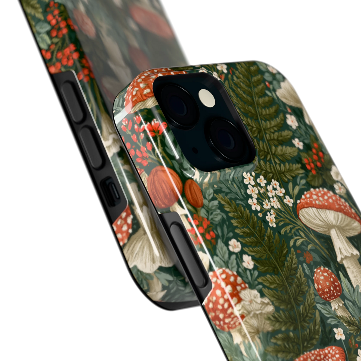 Vliegenzwammenbos hoesje voor iPhone 15, close-up
