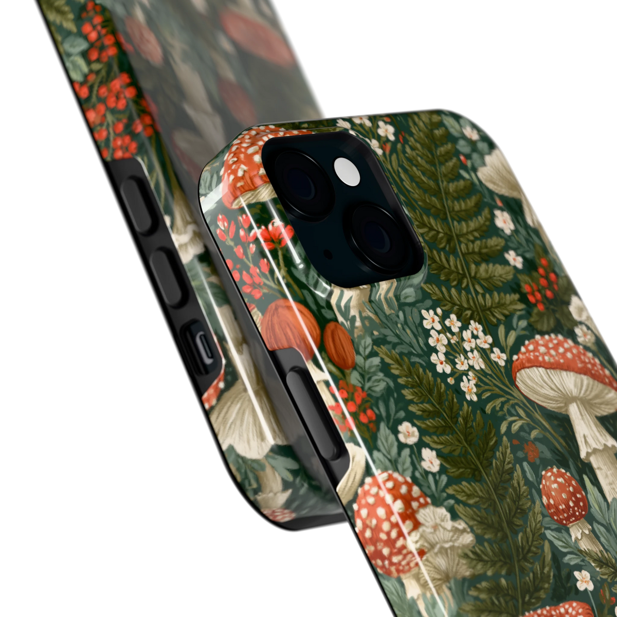 Vliegenzwammenbos hoesje voor iPhone 15 Plus, close-up