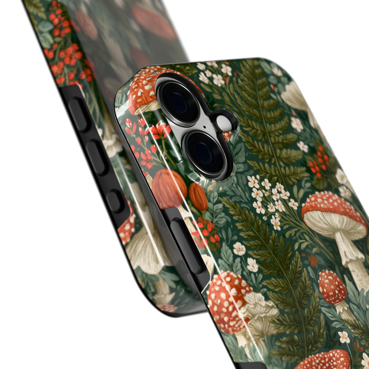 Vliegenzwammenbos hoesje voor iPhone 16 Plus, close-up