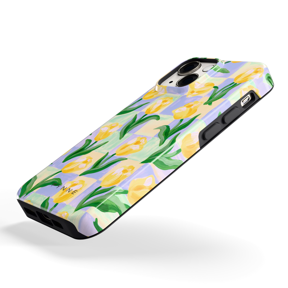 Tulpen Schaakbord hoesje voor iPhone 13 mini, schuin