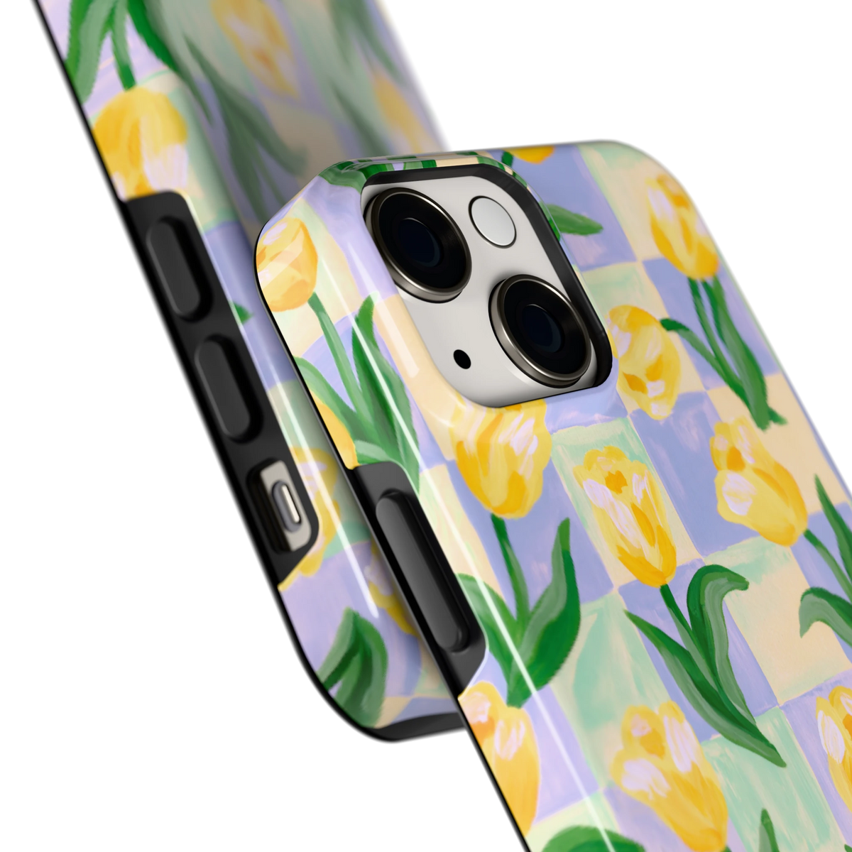 Tulpen Schaakbord hoesje voor iPhone 13 mini, close-up