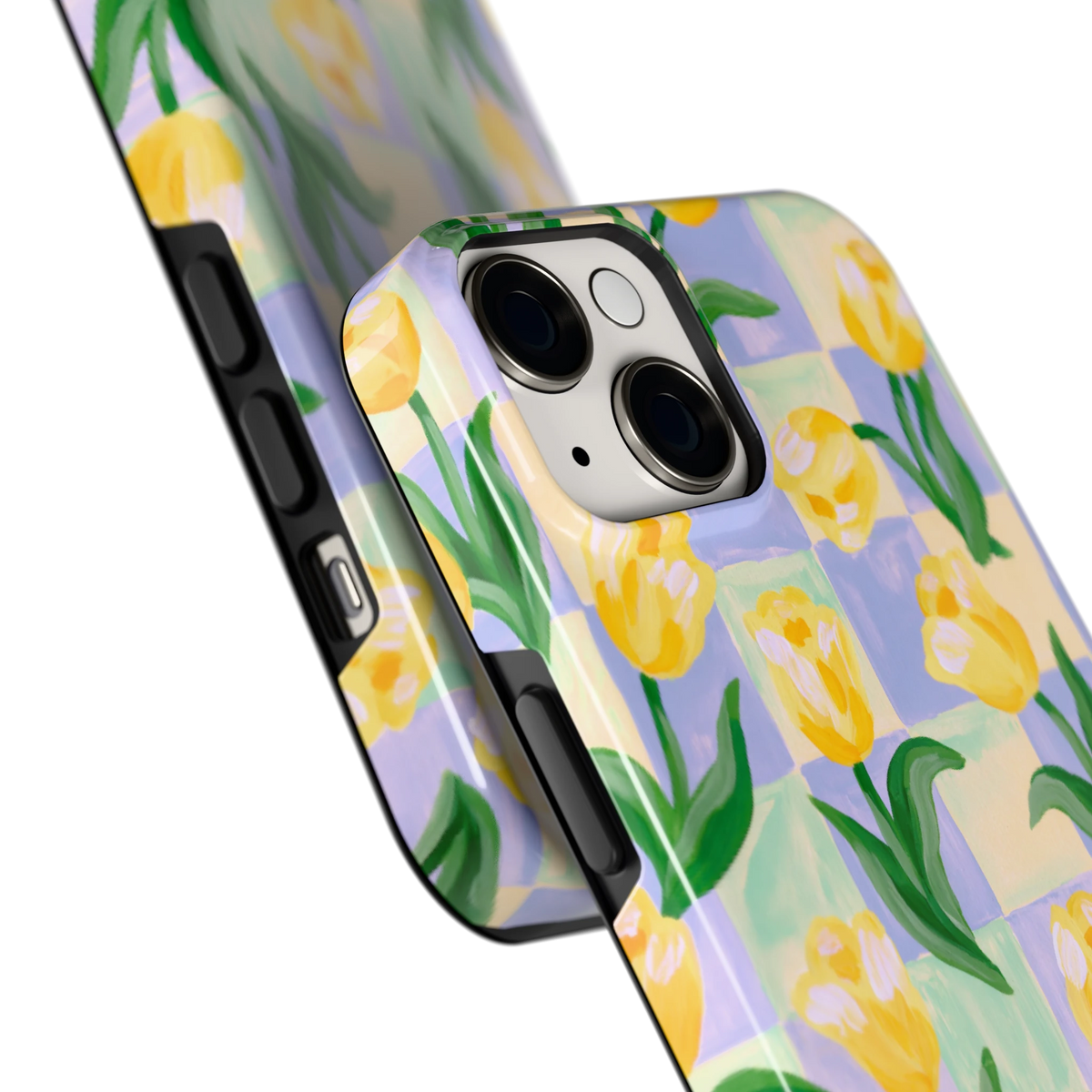 Tulpen Schaakbord hoesje voor iPhone 14, close-up