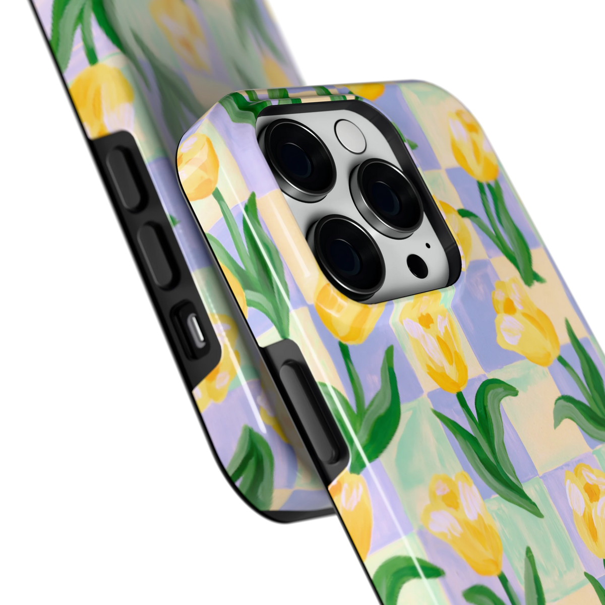 Tulpen Schaakbord hoesje voor iPhone 14 Pro, close-up