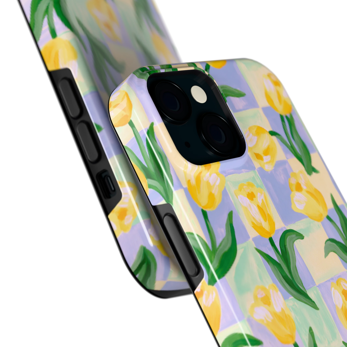 Tulpen Schaakbord hoesje voor iPhone 15, close-up