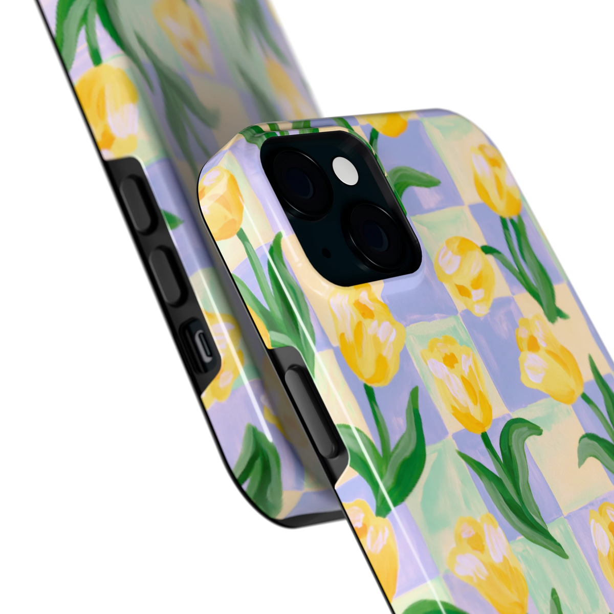 Tulpen Schaakbord hoesje voor iPhone 15 Plus, close-up