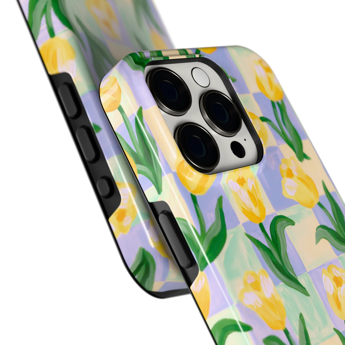 Tulpen Schaakbord hoesje voor iPhone 15 Pro, close-up