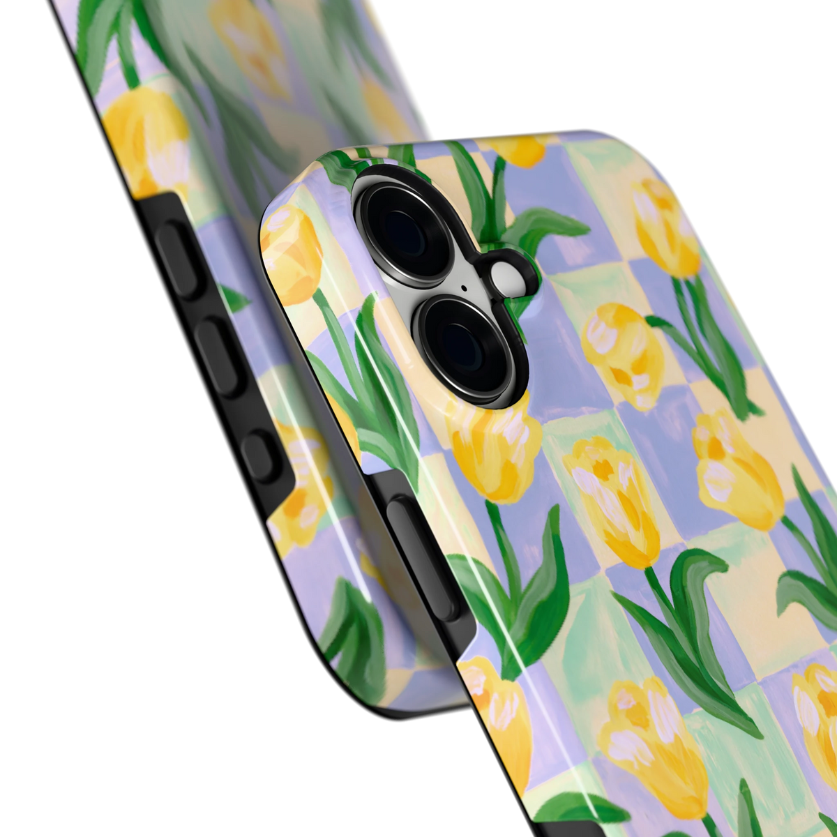 Tulpen Schaakbord hoesje voor iPhone 16 Plus, close-up